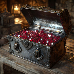 Wall Mural - A metal treasure chest filled with rubies on the indoor table 