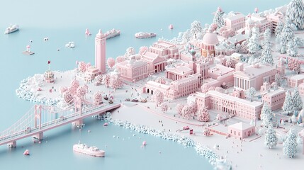 Wall Mural - A miniature city with pink buildings, a bridge, and boats on the water.