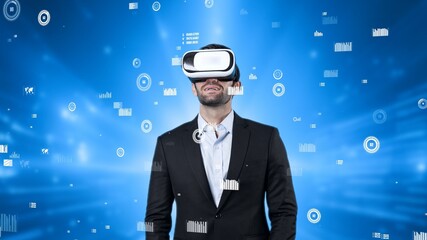 Project manager wearing VR headset while analyzing at financial statistic. Business man wearing virtual reality goggle while checking and looking at statistic chart. Technology innovation. Apparatus.