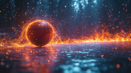 Poster - A basketball rolls through a rain-soaked court under dramatic lighting, creating a striking contrast with fiery sparks and shimmering droplets, capturing a moment of energy and excitement.