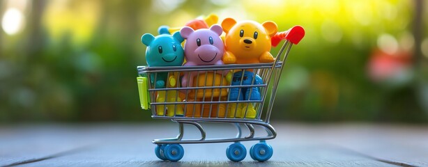 shopping cart filled with colorful kids' toys, placed in a playful background with soft lighting and shadows.