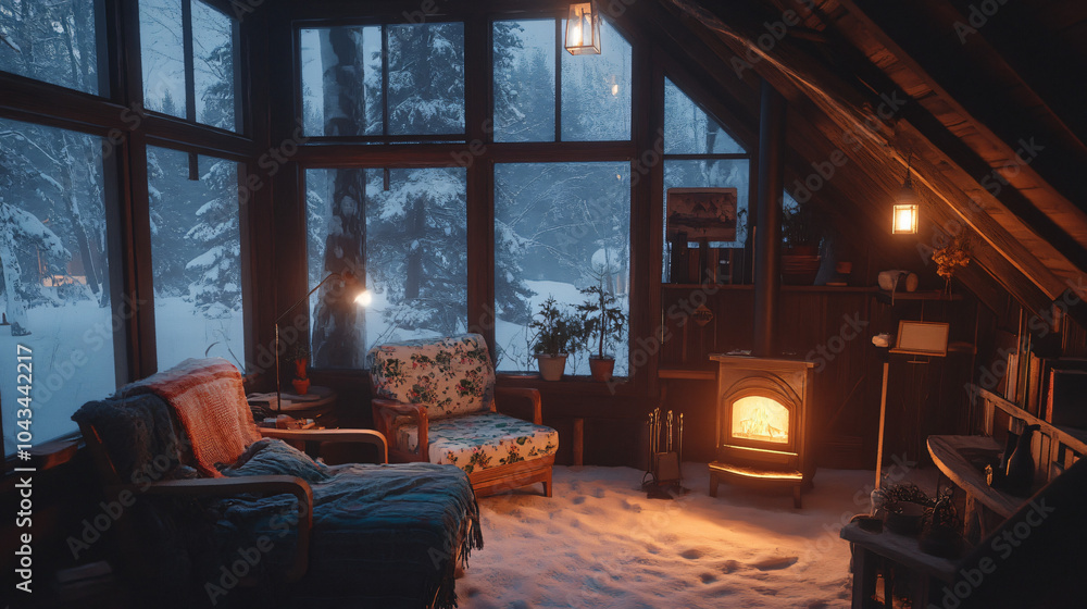 he cabin interior is cozy and rustic with an old-fashioned wood-burning ...