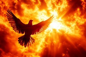 Graphic and biblical representation of the Holy Spirit in the form of a dove. AI generativ.