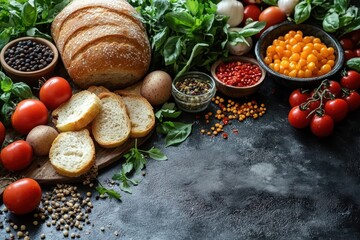 Fresh ingredients for a delicious summer salad with bread, tomatoes, and herbs on a kitchen counter