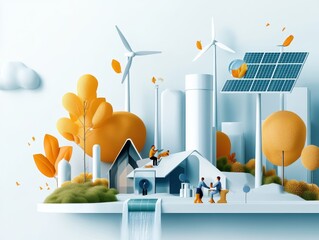 A vibrant illustration of a sustainable city featuring solar panels, wind turbines, and greenery representing renewable energy and eco-friendly living.