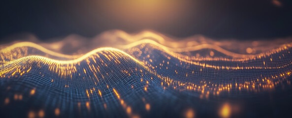 Dynamic wave of illuminated data streams flowing in blue and orange tones, representing the transfer of data or energy in a digital space.