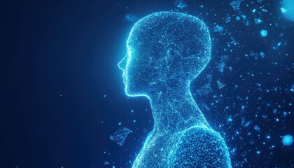 A Digital Human Silhouette Composed of Glowing Blue Particles