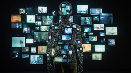 a man made of screens on a black background