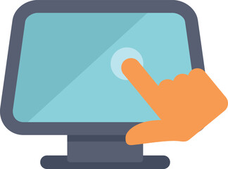 Hand with its index finger extended is touching a computer monitor with a blank blue screen