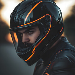 Wall Mural - motorcycle helmet brand mockup, photo of the face and upper body profile view of a handsome man 