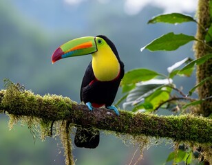 Keel-billed Toucan portrait on mossy stick against dark green background