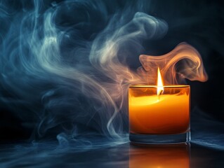 A glowing candle with a vibrant flame, surrounded by wisps of smoke, creating a warm and tranquil atmosphere.