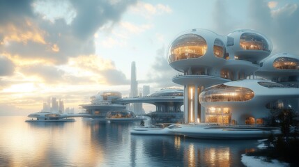 Aufkleber - A stunning modern cityscape features innovative floating buildings with sleek designs, basking in the warm glow of a sunset over tranquil waters.