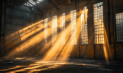 Canvas Print - Sunbeams through dusty windows in abandoned building.