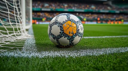 A brightly designed soccer ball lies on the well-maintained grass near the goal during a lively soccer match, with fans cheering in the background.