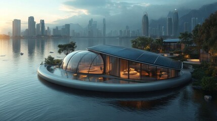 Aufkleber - A contemporary floating house is nestled on a tranquil lake, showcasing sleek architecture and large windows, with a stunning city skyline illuminated by the setting sun.