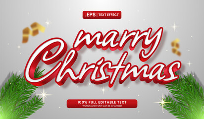 Wall Mural - title red and white 3d text merry christmas with green pine branches. editable text effect vector il