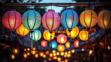 Wall Mural - Festival of Lights Brightly colored lanterns hanging across an archway, glowing softly in the evening sky, festive atmosphere with vibrant colors, no human figures