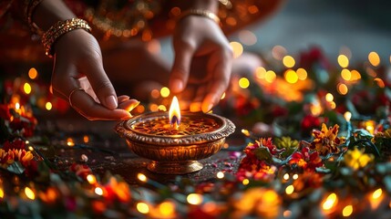 Wall Mural - Festival of Lights Close-up of hands lighting a traditional oil lamp, surrounded by glowing lights and festive decorations Lighting an oil lamp, Traditional festival, warm glow