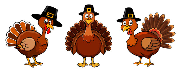 Set of cartton turkeys wearing hat, traditional Thanksgiving design element. Flat vector illustrations isolated on transparent background. PNG clipart