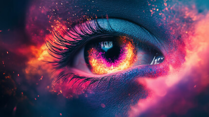 striking digital artwork of a vivid blue eye surrounded by splashes of vibrant red, orange, and blue paint, symbolizing creativity and imagination.