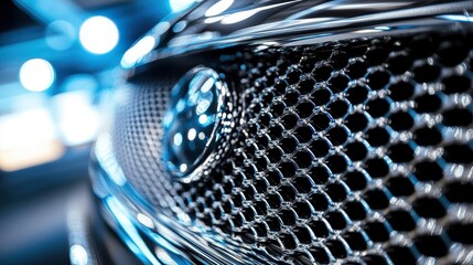 Macro shot of sport car grille intricate chrome mesh reflections adding depth