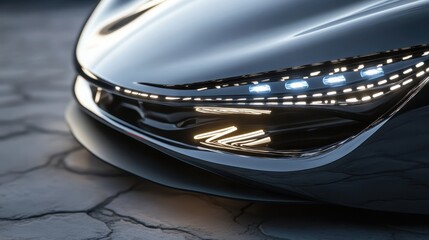 Close-up of headlight focusing on precision glass and LED strips