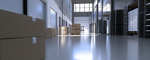 A spacious warehouse interior with stacked boxes and shelves, showcasing a clean and organized storage environment.