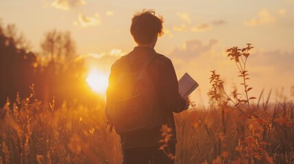 A young man stands with back facing the camera framed by the warm tones of the setting sun. holds a book in hand inspired . .