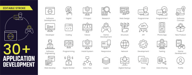 app development stroke icon collections. containing software development, research, web design, prog