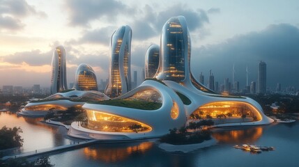 Poster - Sleek, modern structures rise amidst a tranquil waterfront, illuminated as dusk settles over the city, blending nature with innovative design.