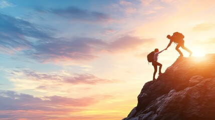 Two hikers climbing a mountain at sunset, one helping the other. Silhouette photography with warm sky background. Teamwork and outdoor adventure concept.