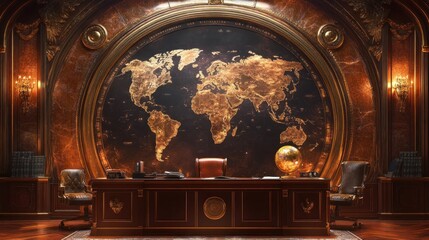 A large, ornate office with a world map on the wall behind a large desk with two chairs.