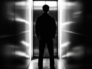 A silhouetted figure stands in an elevator, illuminated by bright light from the doors, creating a dramatic contrast in a dark, reflective space.