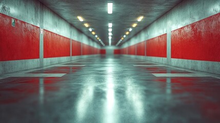 Wall Mural - A long, empty corridor with red walls and a concrete floor.  The lights at the end of the hallway create a bright, inviting glow.