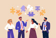 © nadzeya26 - Business Team Discussion concept. Contemporary flat style abstract vector illustration of a group of diverse people standing and talking to each other with puzzle pieces above their heads.