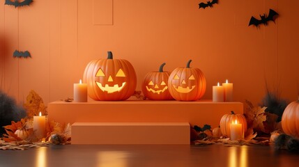 Halloween display podium with 3D Jack O' Lantern pumpkins and candlelight on an orange paper graphic background