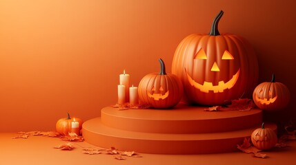 Halloween display podium with 3D Jack O' Lantern pumpkins and candlelight on an orange paper graphic background