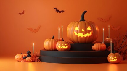 Halloween display podium with 3D Jack O' Lantern pumpkins and candlelight on an orange paper graphic background