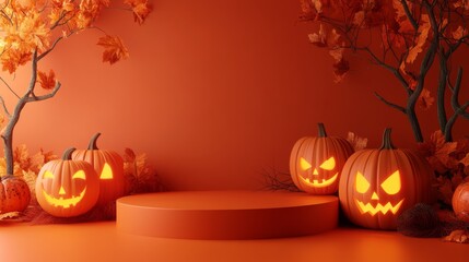 Halloween display podium with 3D Jack O' Lantern pumpkins and candlelight on an orange paper graphic background