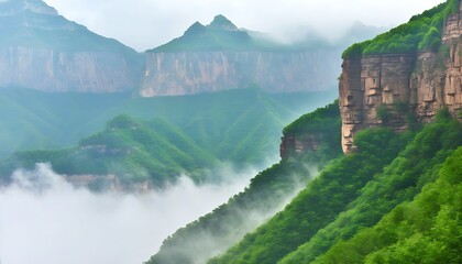 Morning mist in the Grand Taihang Canyon, impressive peak forest