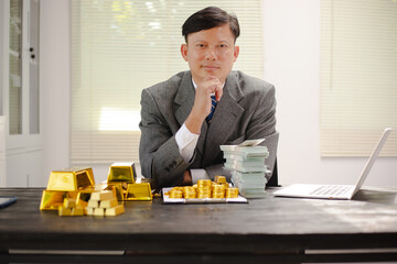 Illustration of a businessman working hard with gold bars, assessing investments and transactions in a financial office, demonstrating asset allocation and precious metals trading strategies.