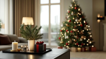 Cozy Christmas Living Room with Decorated Tree and Gifts