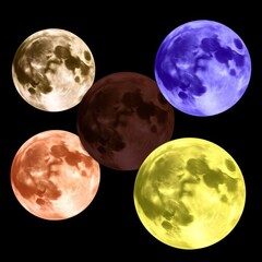 Wall Mural - Set of different colors of full moon on black background. Astronomy is mysterious and magical. Shades of the moon.