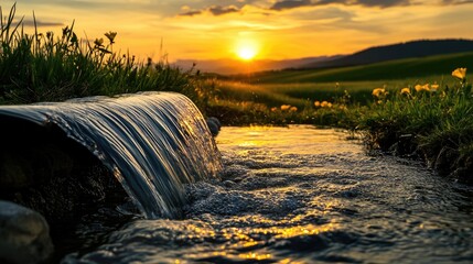 Canvas Print - Water flows gently from a hose into a serene field at sunset, capturing the essence of agricultural life and nature's beauty.