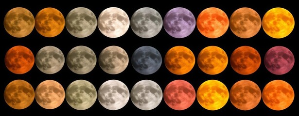 Wall Mural - set of different colors of full moon on black background. astronomy is mysterious and magical. shade