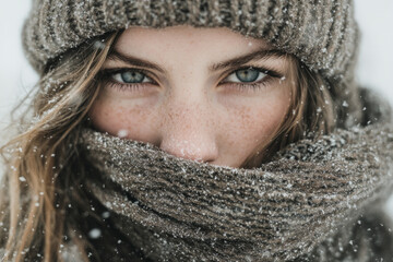 Wall Mural - A woman with a scarf covering her face and a hat on her head