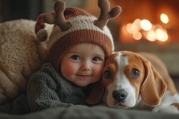 A cute baby boy dressed up as reindeer playing with an adorable Beagle dog in the living room at home during the winter season. 