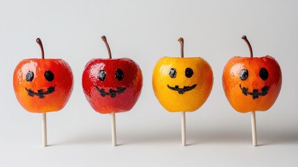 Candy apples with spooky faces drawn on the surface, perfect for Halloween, isolated on white background