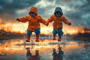 two happy children wearing raincoats jumping in puddle at sunset